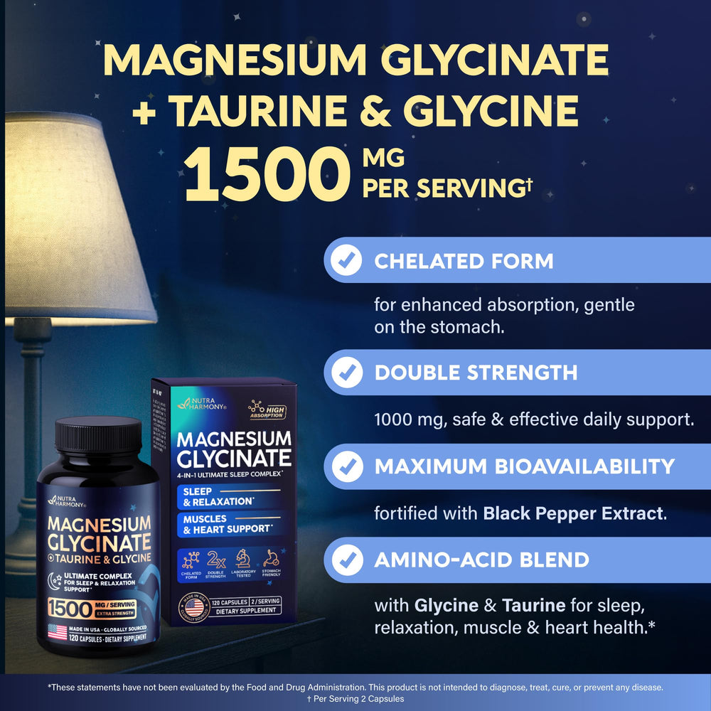 NUTRAHARMONY Magnesium Glycinate near glass of water reinforces nightly routine.