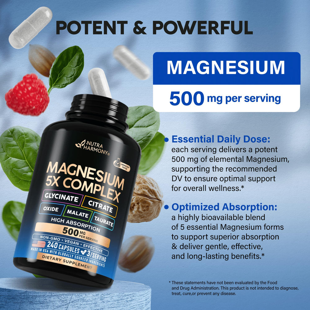 NUTRAHARMONY Magnesium 5in1 icon showing vegan and gluten-free certification for clean use