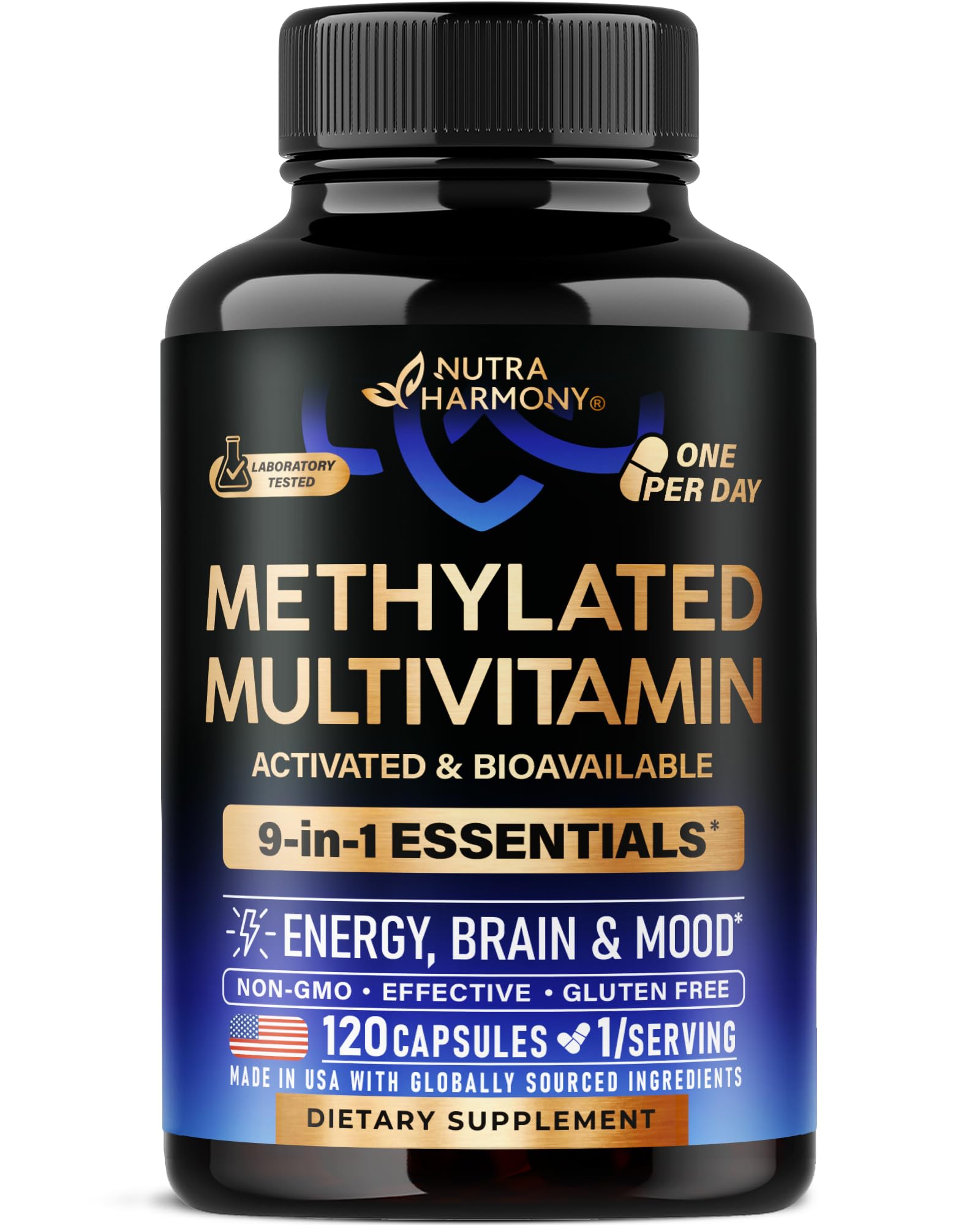 NutraHarmony methylated multivitamin bottle front view for daily energy support