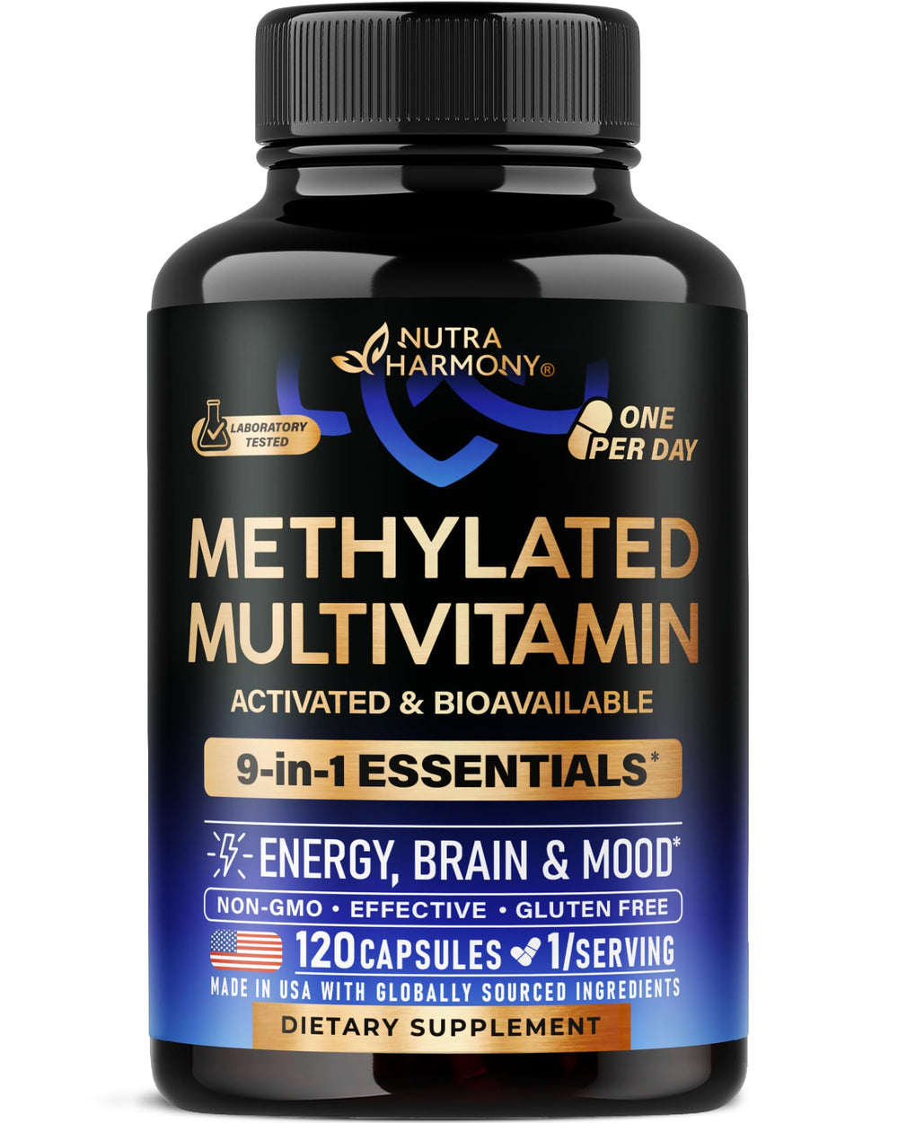 NutraHarmony methylated multivitamin bottle front view for daily energy support