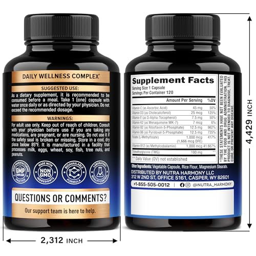 NutraHarmony methylated multivitamin bottle side view highlighting compact daily capsule