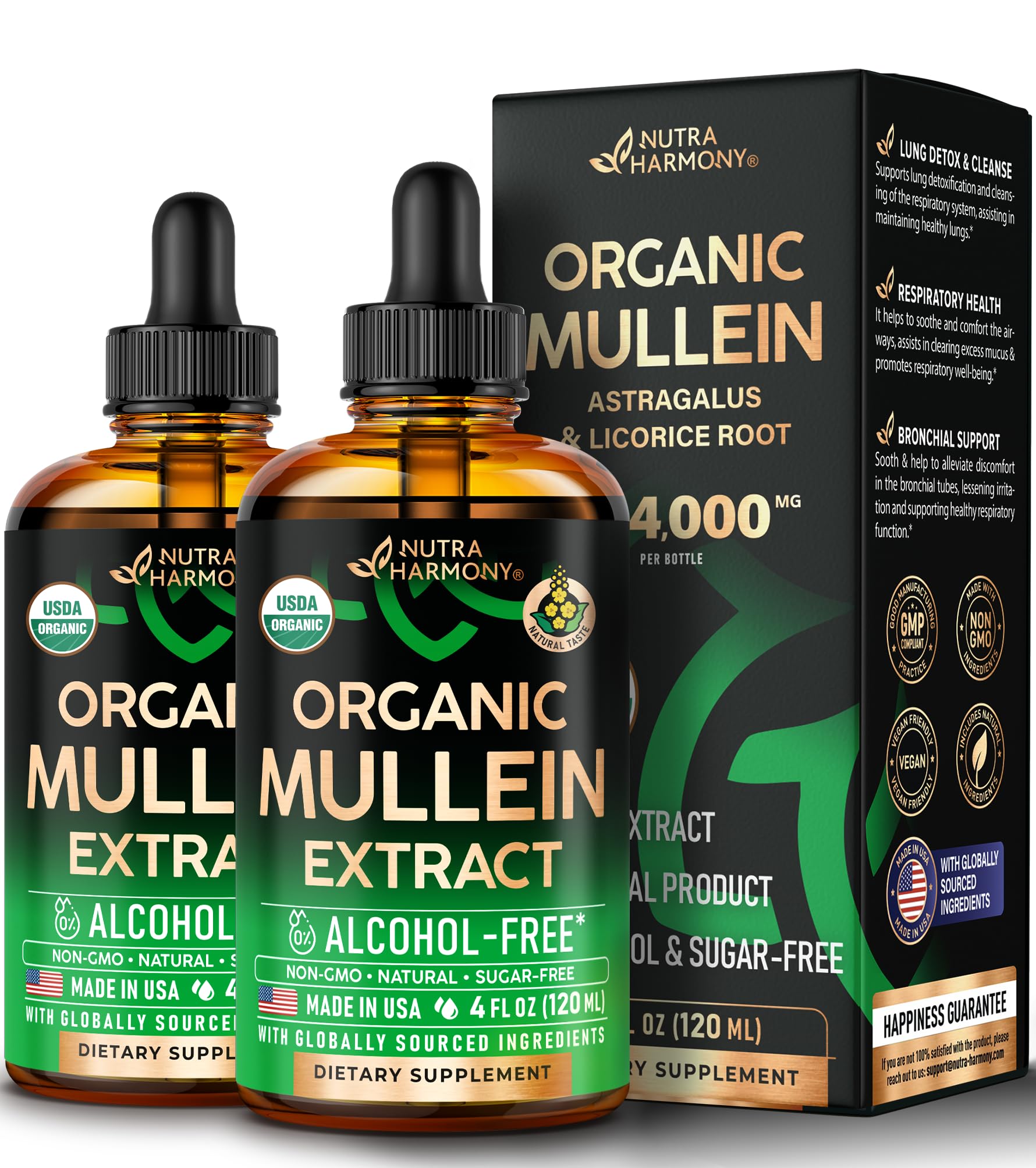 NUTRAHARMONY Mullein Drops bottle featuring USDA Organic formula for respiratory support