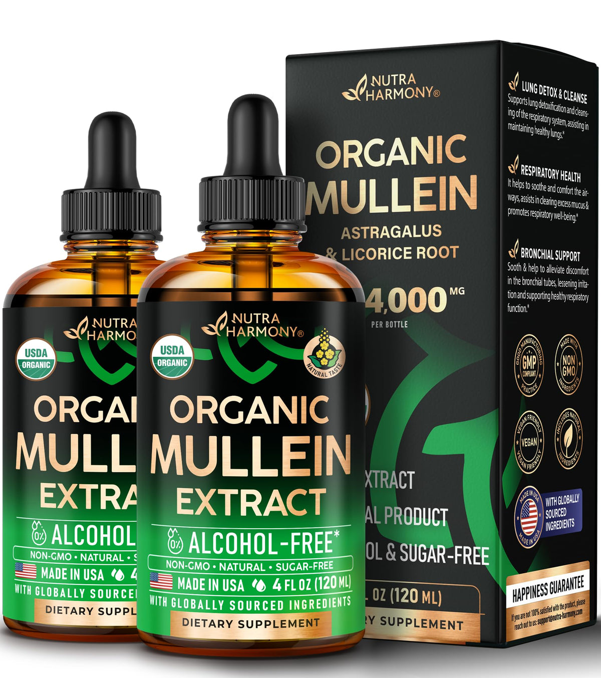 NUTRAHARMONY Mullein Drops bottle featuring USDA Organic formula for respiratory support