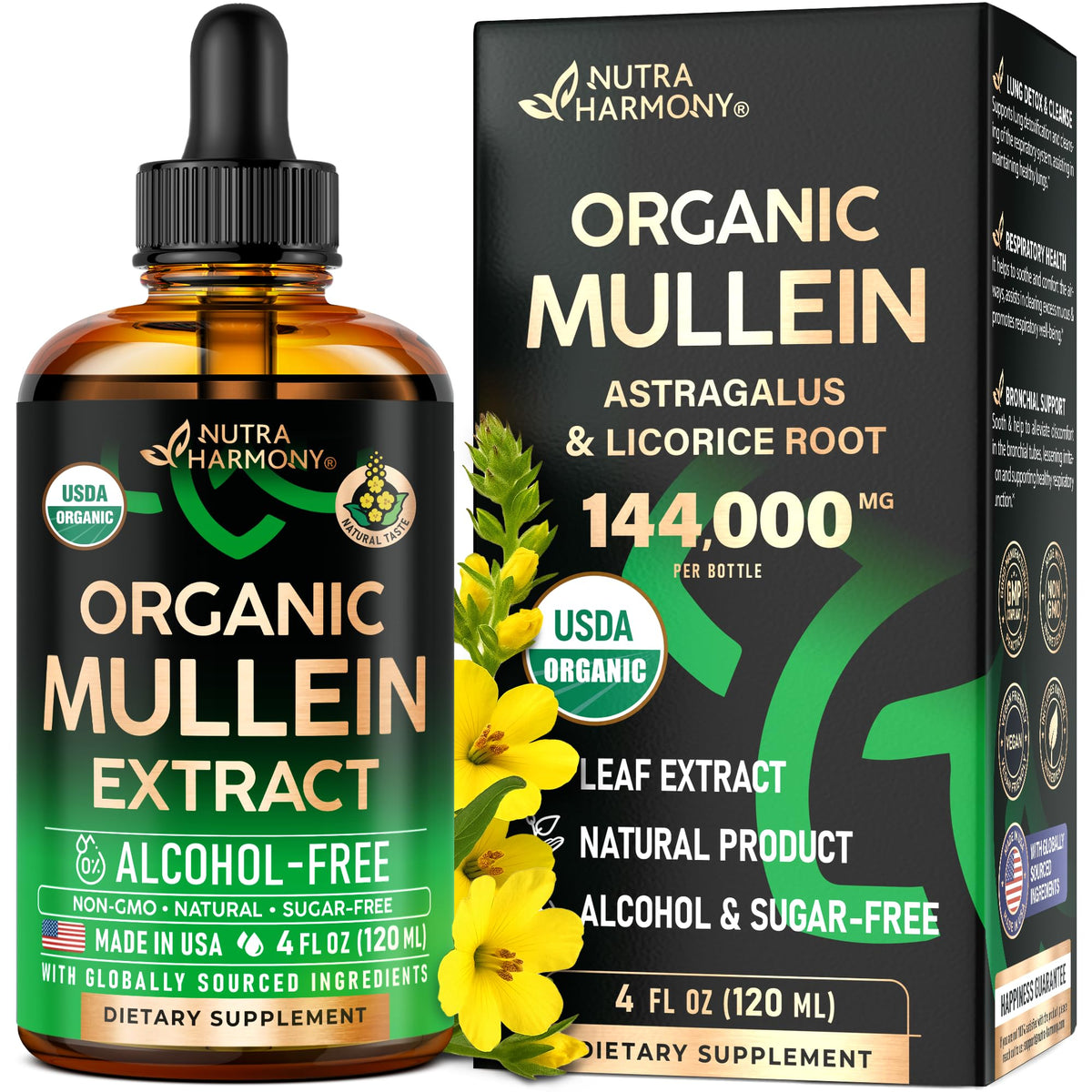 NUTRAHARMONY Mullein Drops bottle showing organic lung support for daily use.
