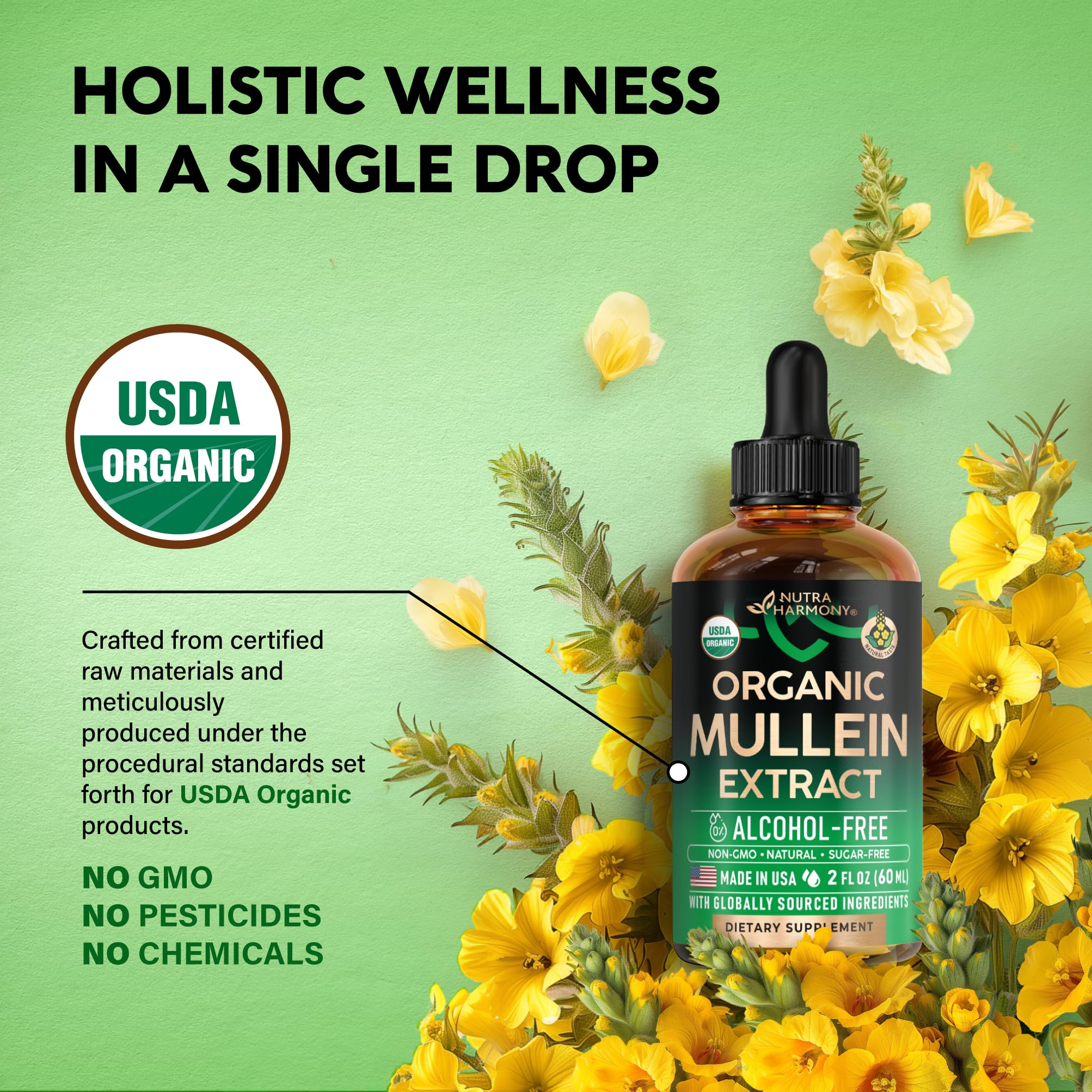 NUTRAHARMONY Mullein Drops label closeup highlighting organic seal