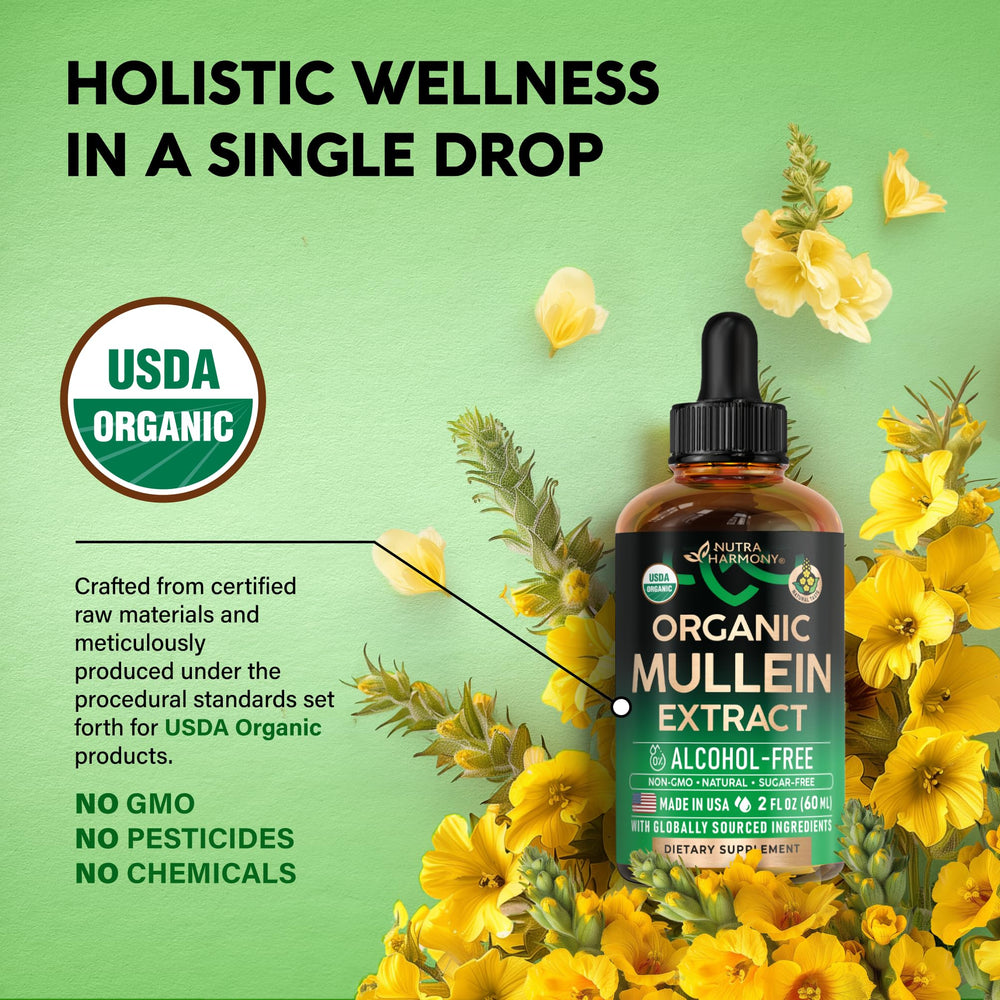 NUTRAHARMONY Mullein Drops label closeup highlighting organic seal