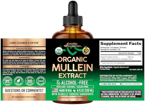 NUTRAHARMONY Mullein Drops label closeup highlights organic vegan ingredients.