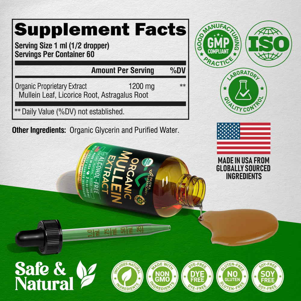 NUTRAHARMONY Mullein Drops USA-made badge on label