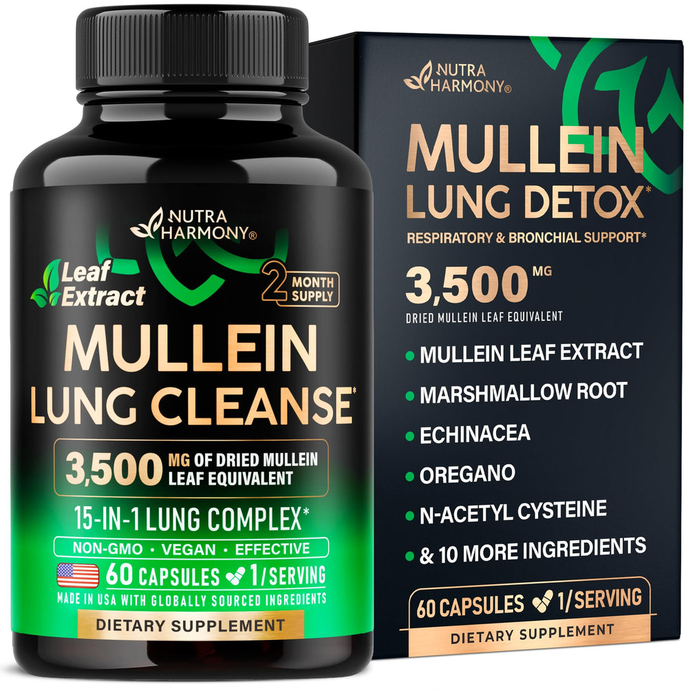 NutraHarmony Mullein Lung Detox bottle front promotes daily lung wellness.
