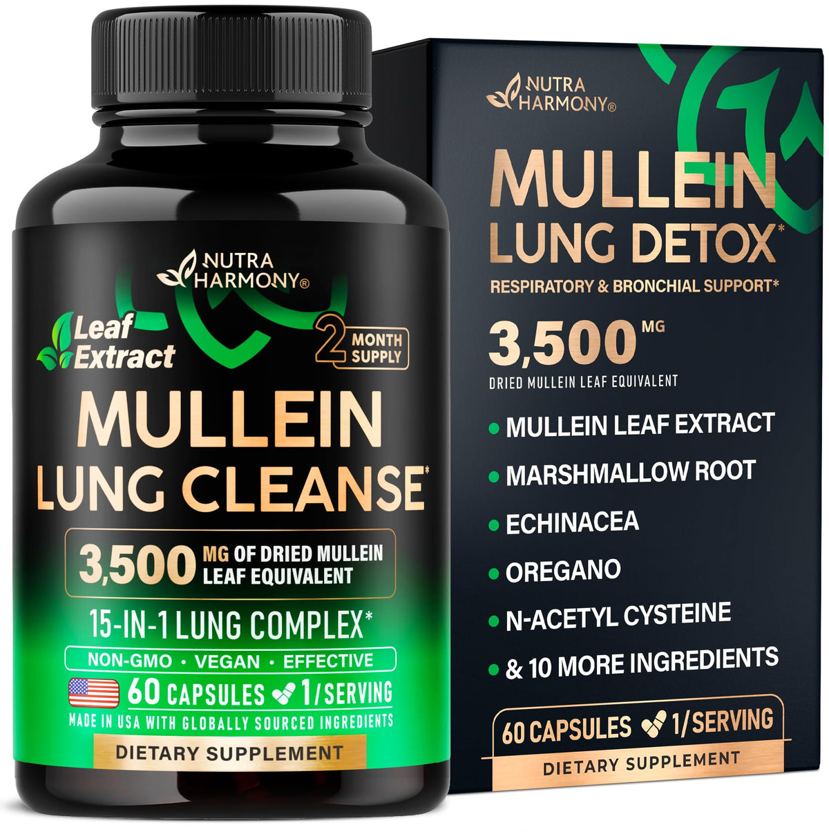 NutraHarmony Mullein Lung Detox bottle front promotes daily lung wellness.