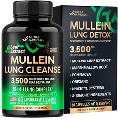 NutraHarmony Mullein Lung Detox bottle front promotes daily lung wellness.