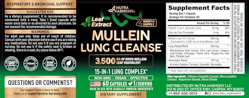 NutraHarmony Mullein Lung Detox bottle label closeup shows ingredients for respiratory support.