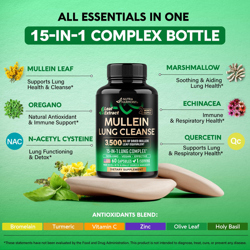 NutraHarmony Mullein Lung Detox ingredients scene reveals Mullein, Marshmallow and NAC blend.