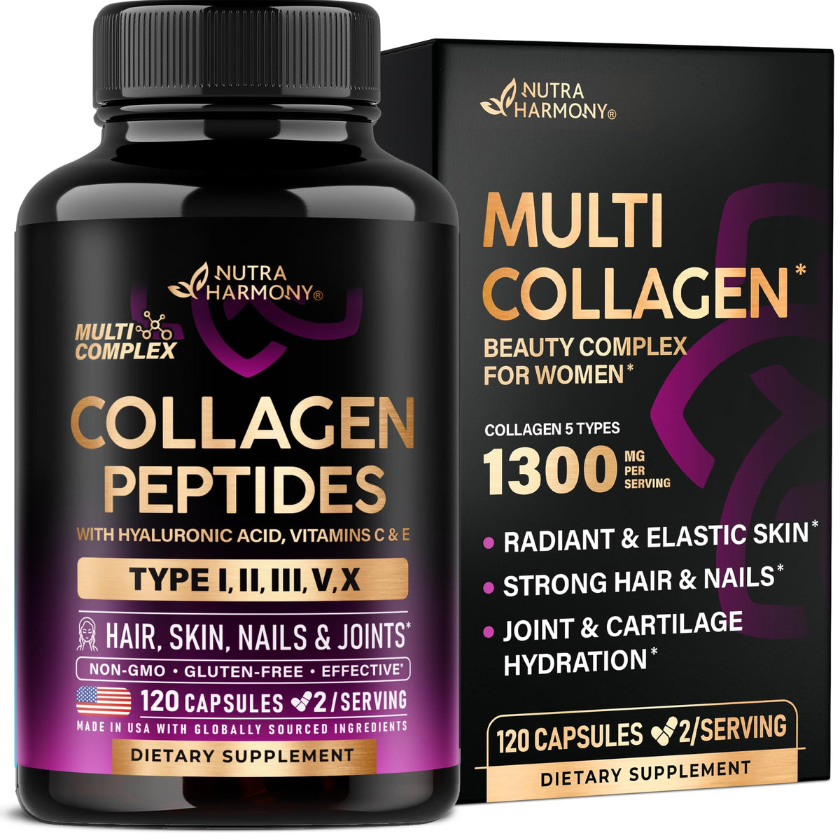 NUTRAHARMONY multi collagen peptides bottle shown for daily skin and joint support