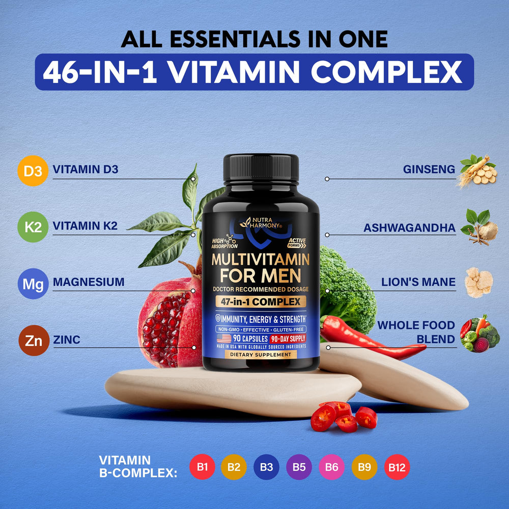 NutraHarmony whole-food blend image highlights beets, kale, berries supporting real-food nutrition.