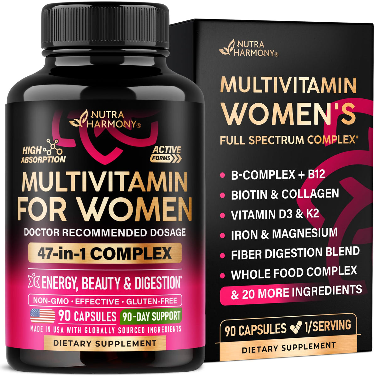NUTRAHARMONY multivitamin for women 47-in-1 bottle front view for daily wellness.