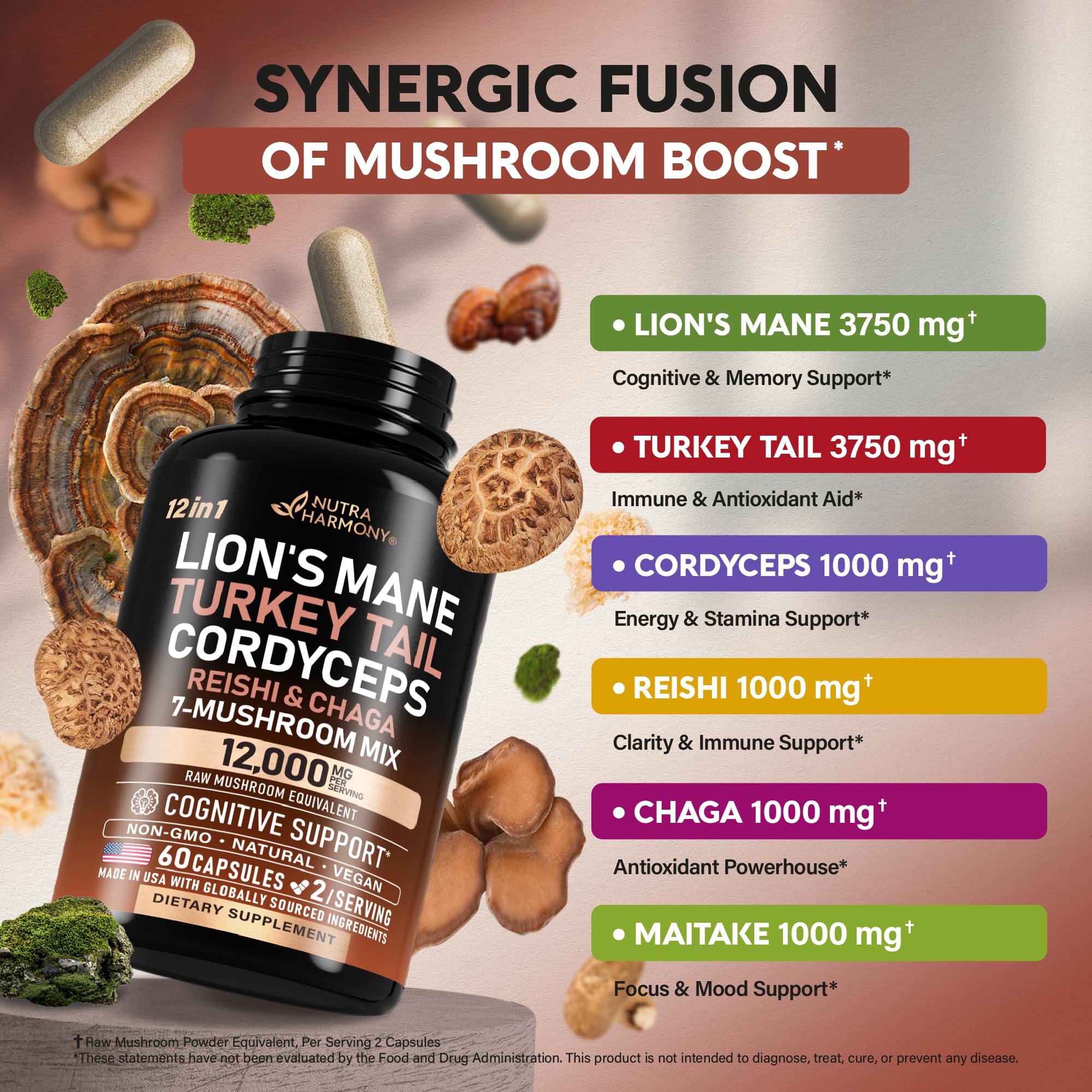 NutraHarmony Mushroom Complex Reishi capsule promotes relaxation and well-being.