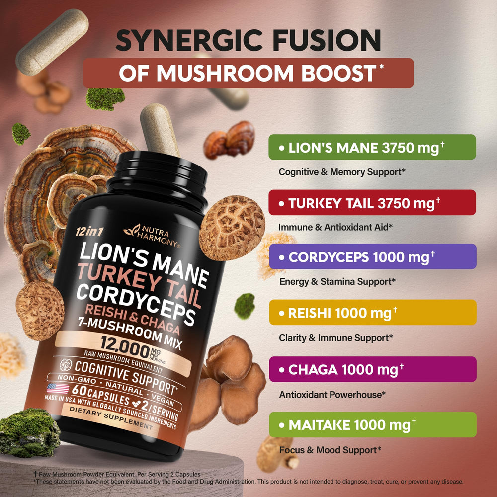 NutraHarmony Mushroom Complex Reishi capsule promotes relaxation and well-being.