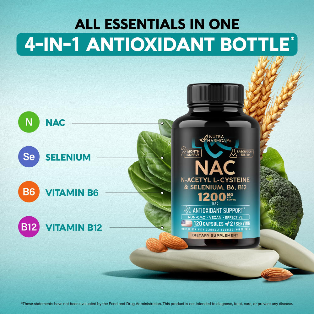 NUTRAHARMONY NAC serving illustration shows 1200 mg per serving