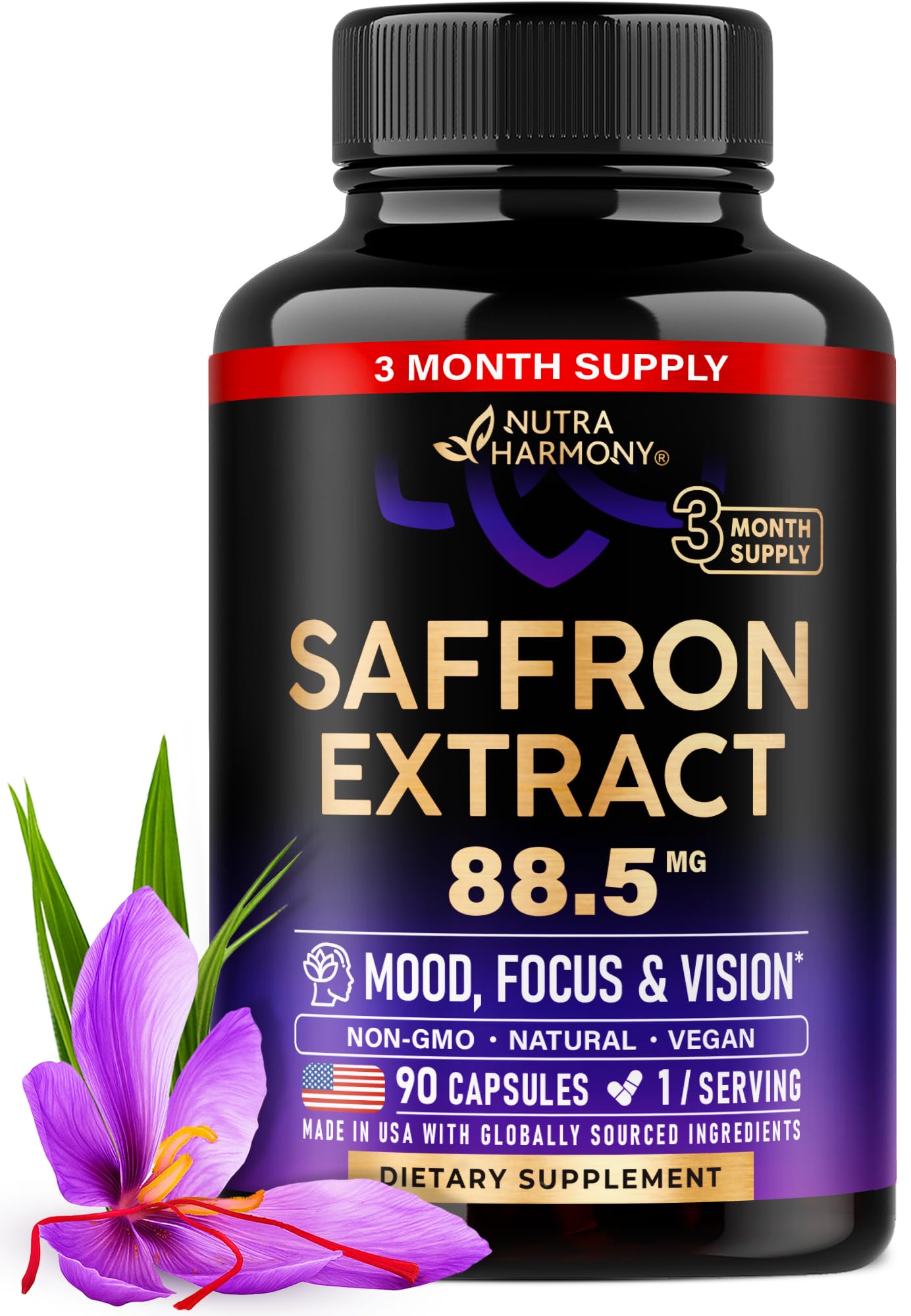 NUTRAHARMONY saffron extract bottle for daily mood and focus support.