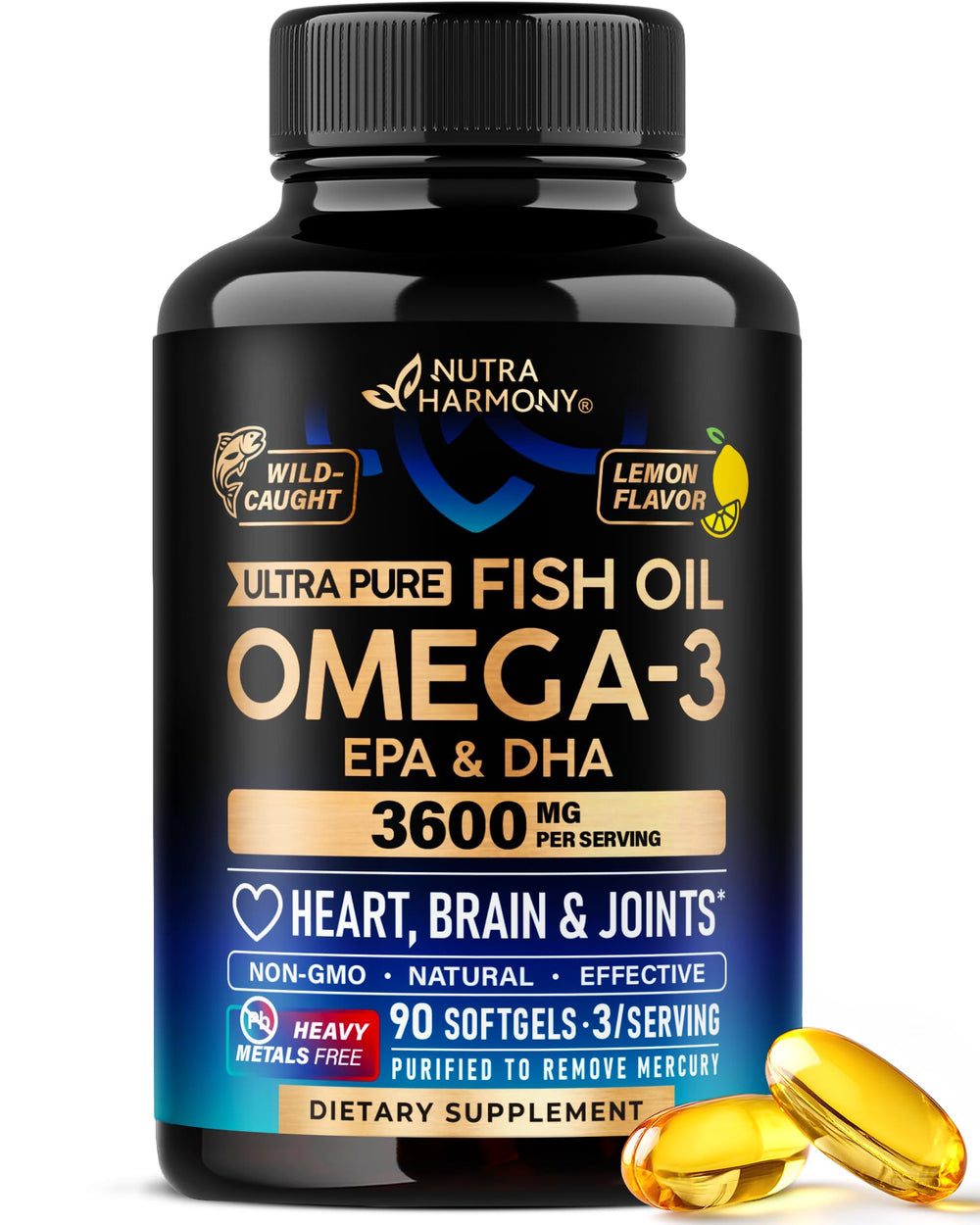 NutraHarmony Omega-3 3600mg bottle for daily heart and brain support