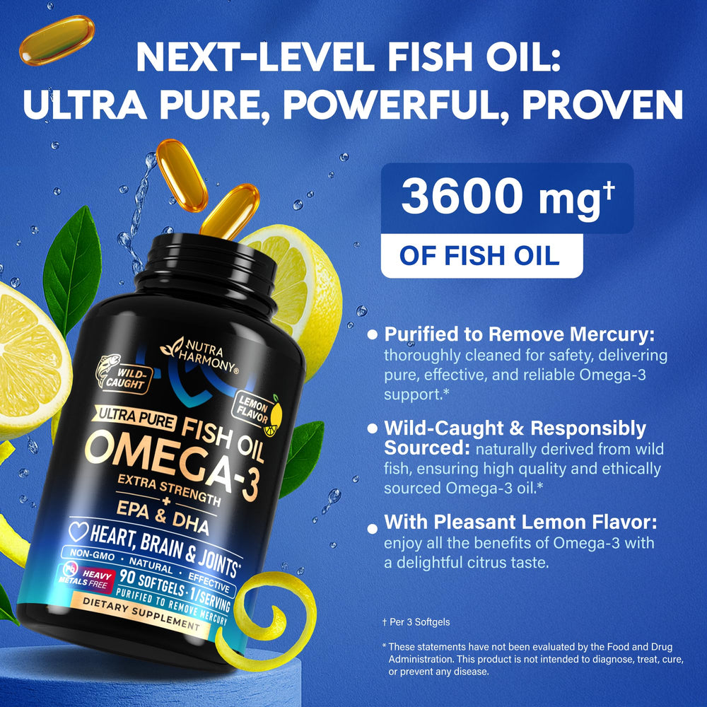 NutraHarmony Omega-3 3600mg lemon-flavored softgels for pleasant taste