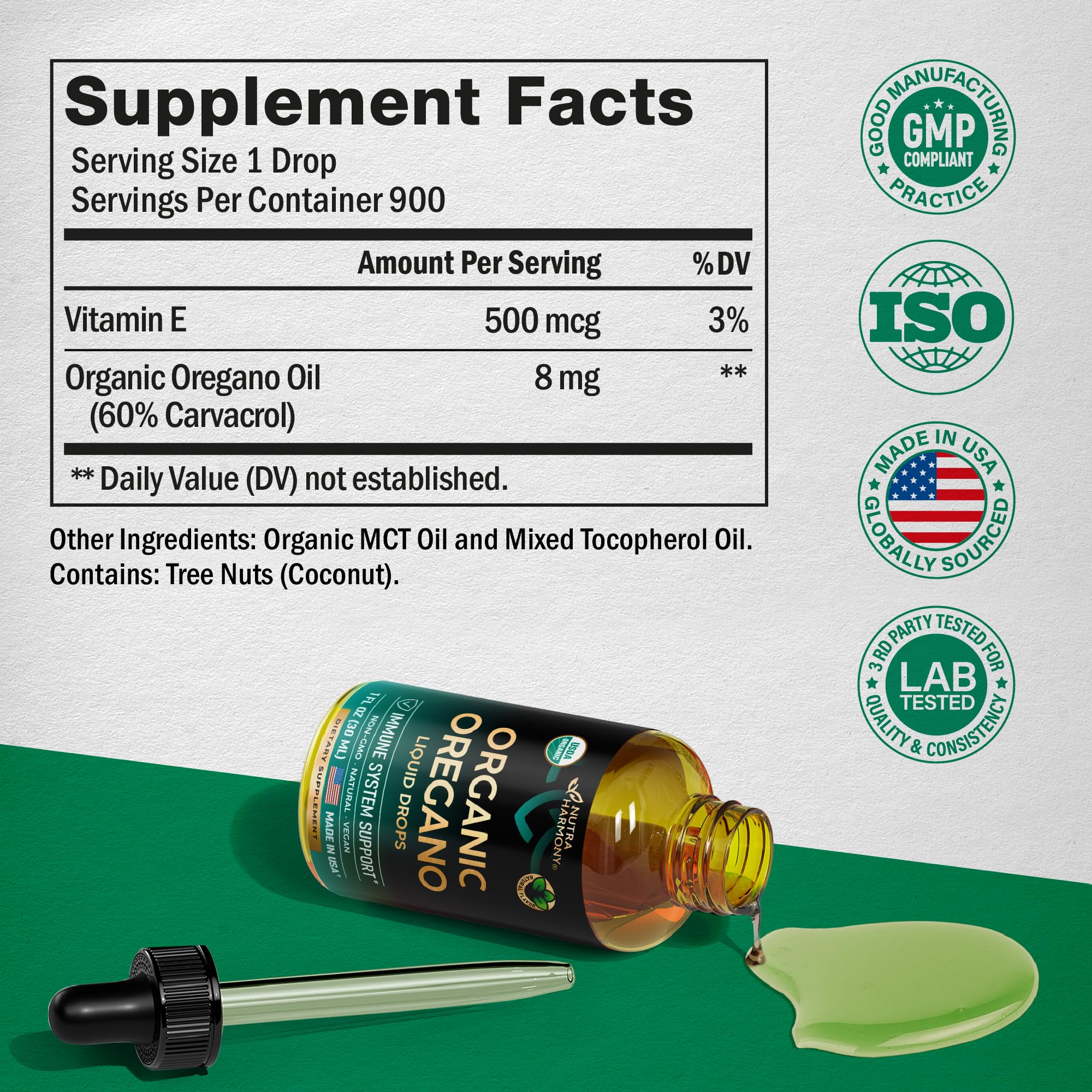 NUTRAHARMONY oregano oil drops non-GMO and vegan ingredients emphasized on label.