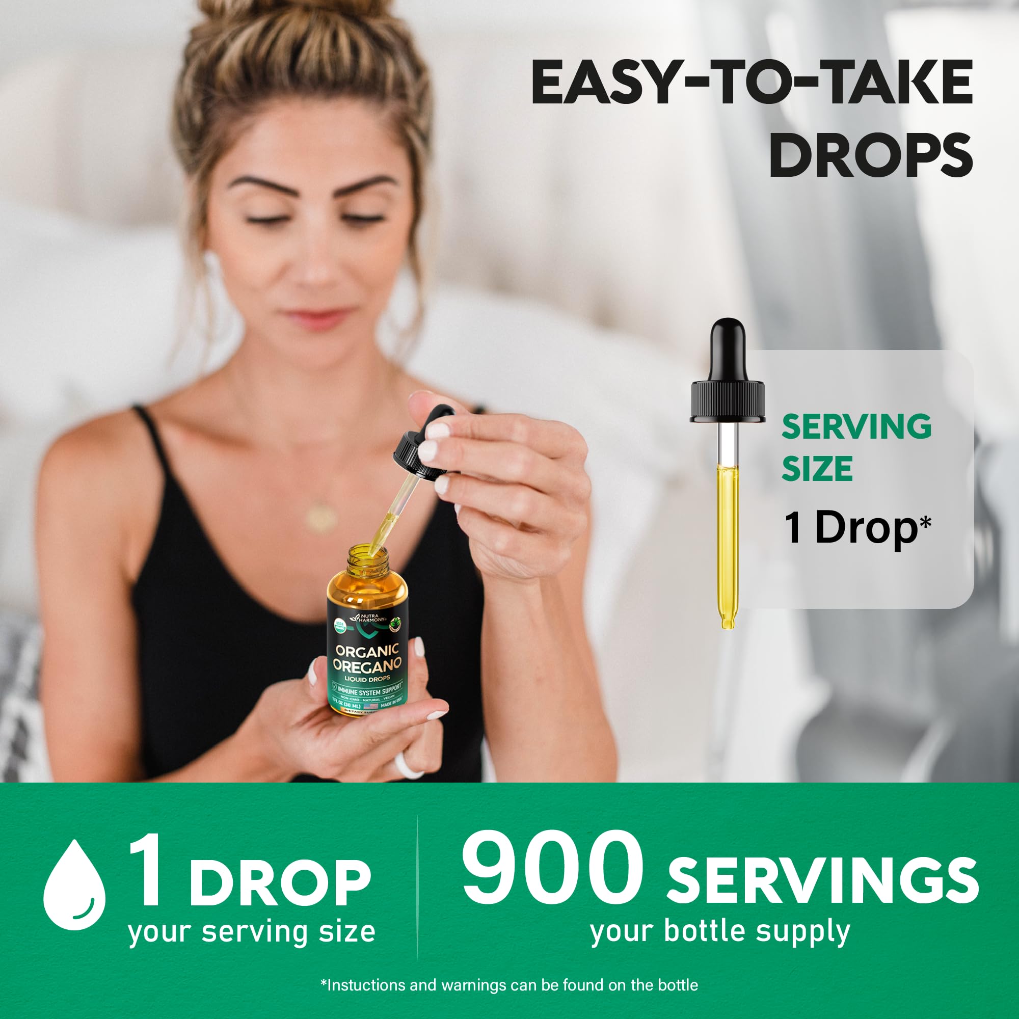 NUTRAHARMONY oregano oil drops on kitchen counter for daily wellness.