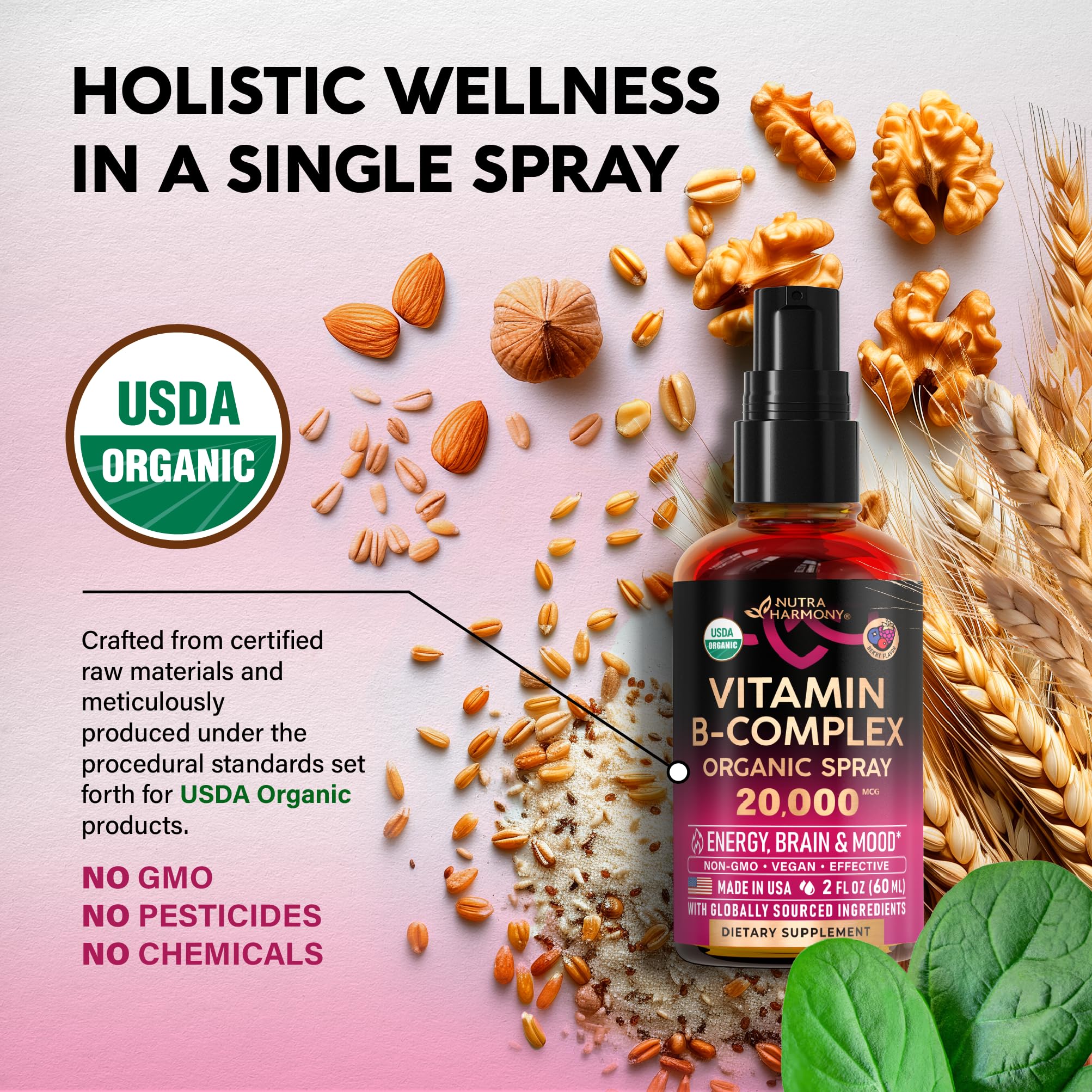 NutraHarmony organic B-complex label highlights USDA certification and clean ingredients.