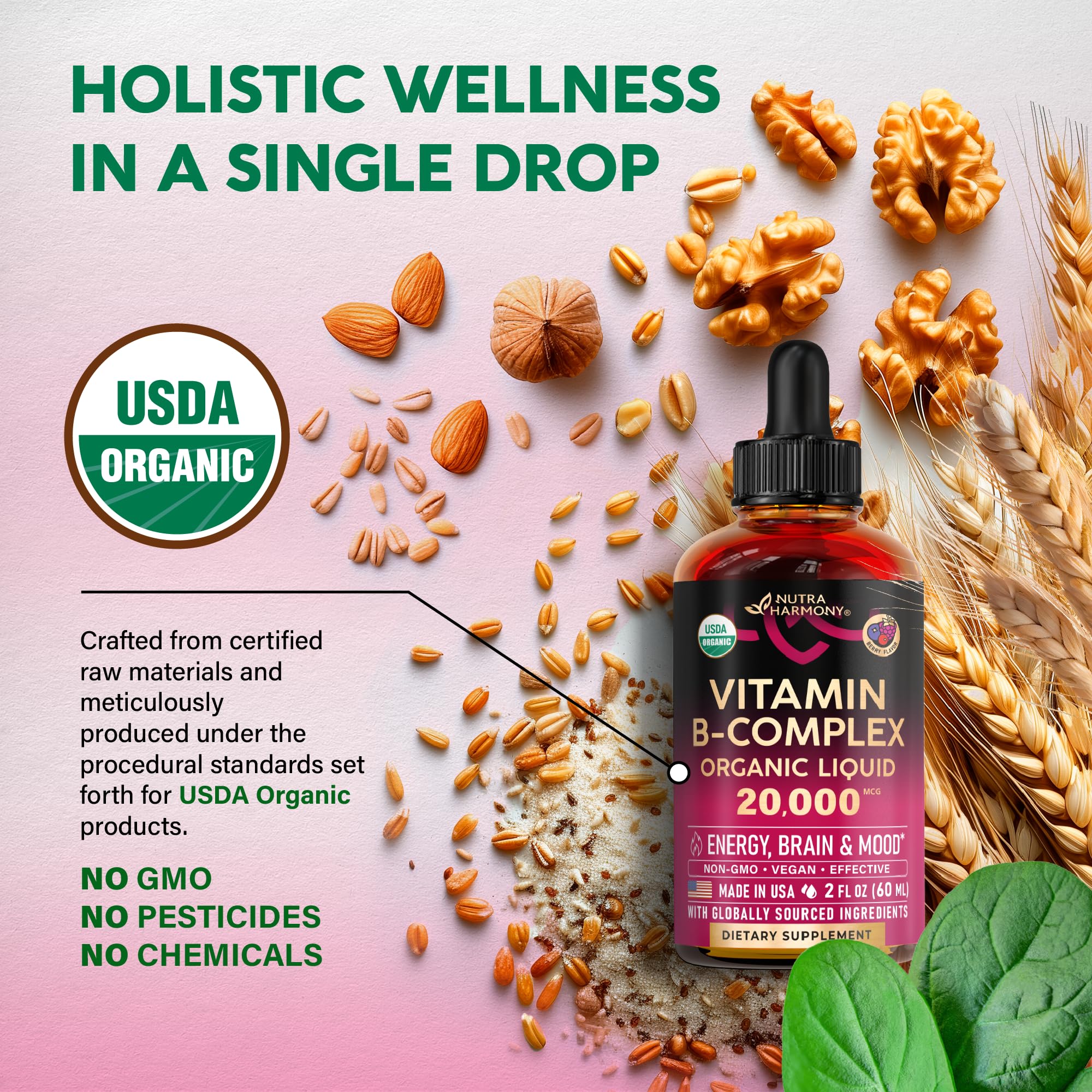 NutraHarmony organic certification badge on B-Complex Drops