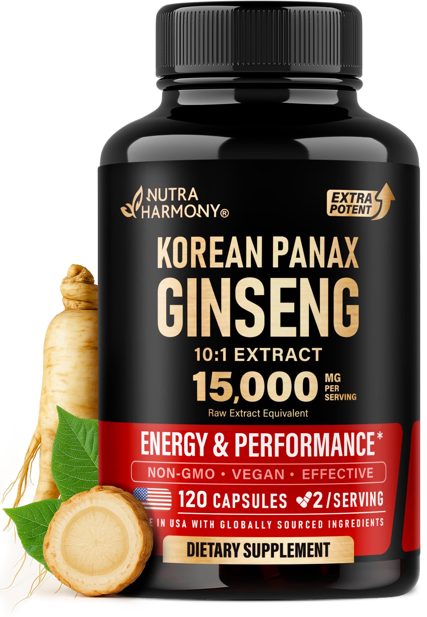 NUTRAHARMONY Panax Ginseng bottle front displays premium 15,000 mg extract for energy support.
