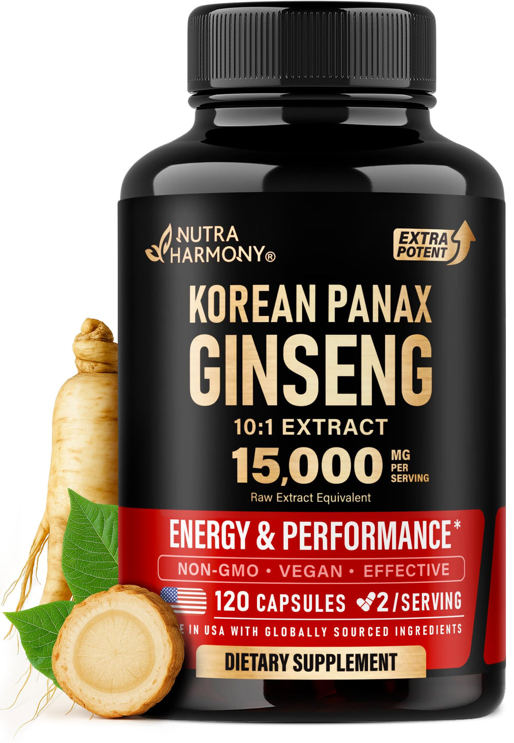 NUTRAHARMONY Panax Ginseng bottle front displays premium 15,000 mg extract for energy support.