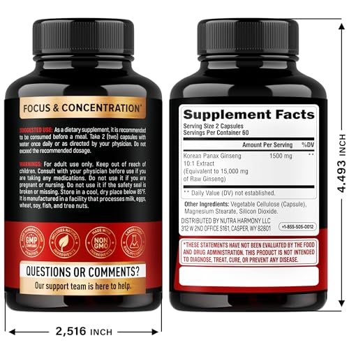NUTRAHARMONY Panax Ginseng label showcases capsule strength and purity for daily vitality.