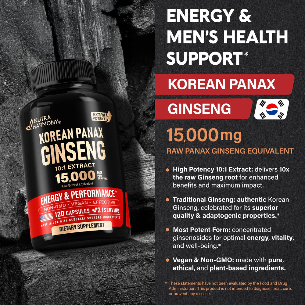 NUTRAHARMONY Panax Ginseng packaging box conveys authenticity and premium Korean extract.