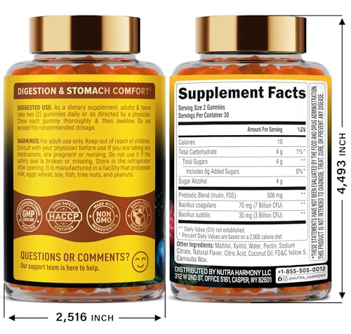 NutraHarmony probiotic gummies showing 10B CFU concept for digestive support.