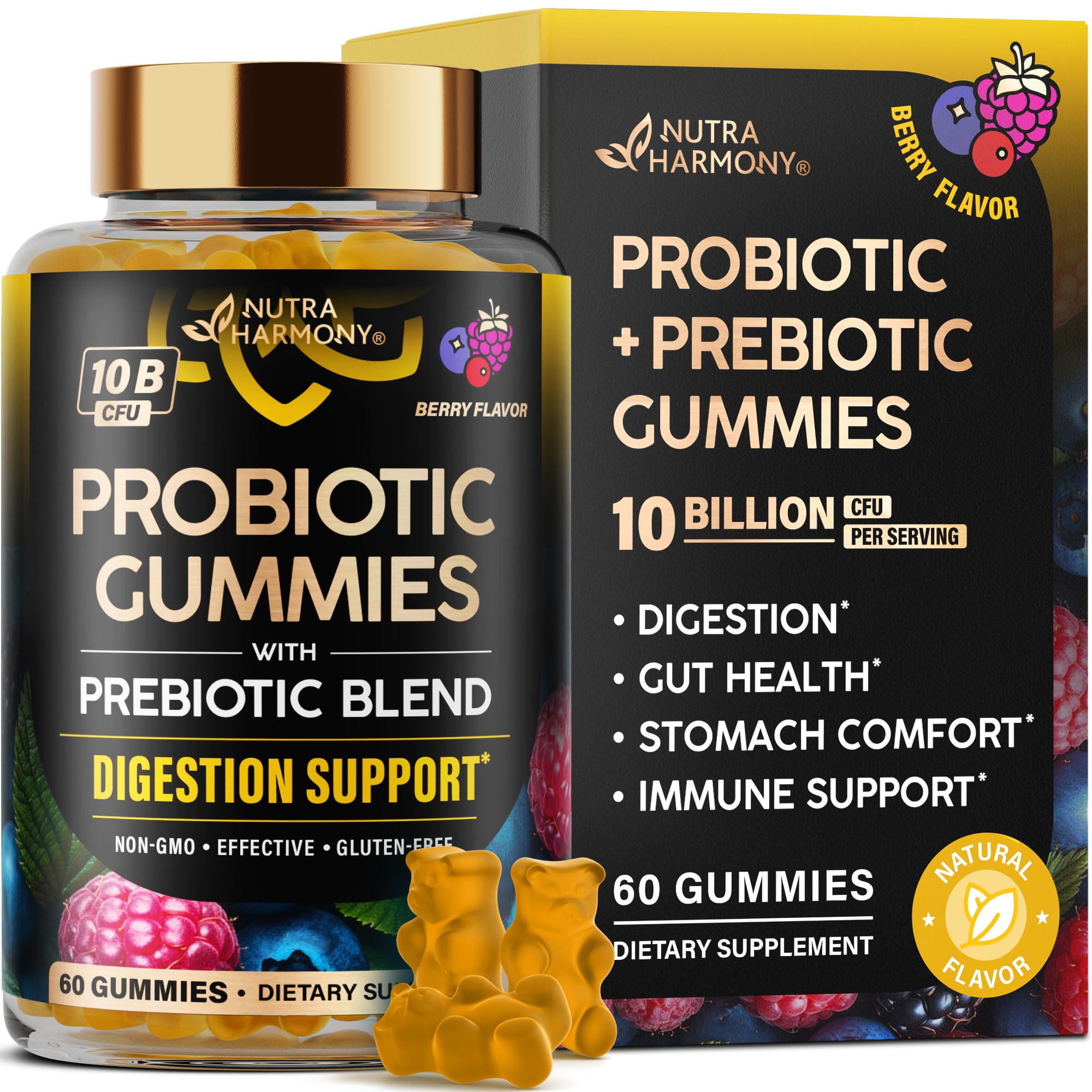 NutraHarmony probiotic gummies berry burst for daily gut balance.