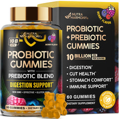 NutraHarmony probiotic gummies berry burst for daily gut balance.