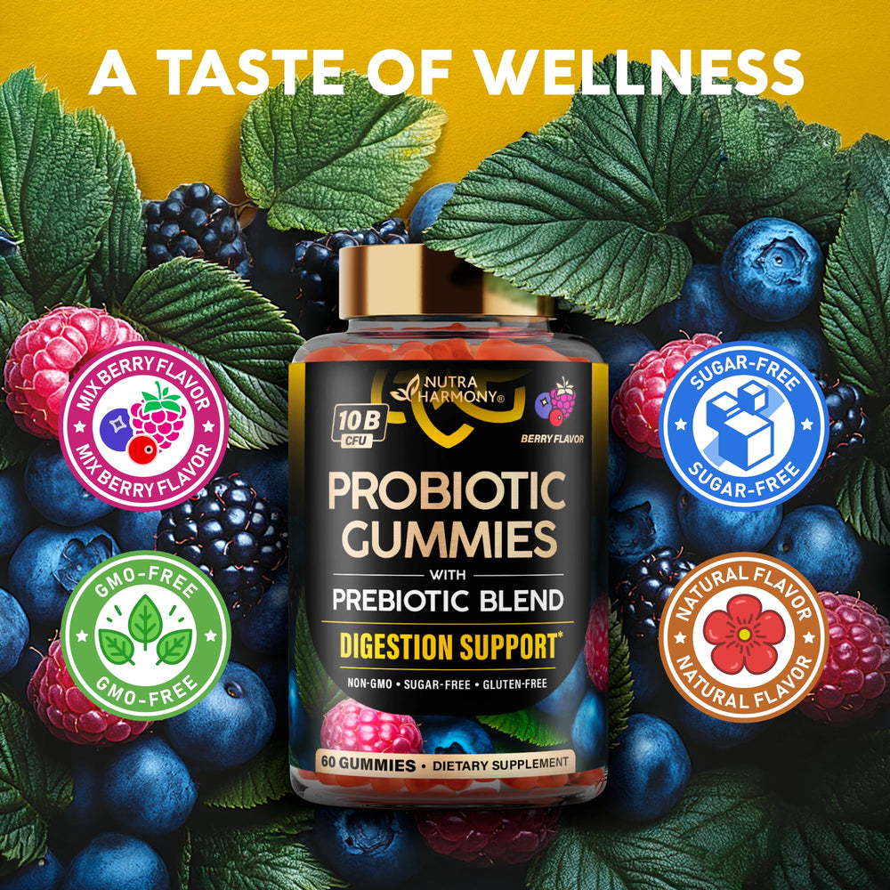 NutraHarmony probiotic gummies showing berry flavor and gluten-free recipe.