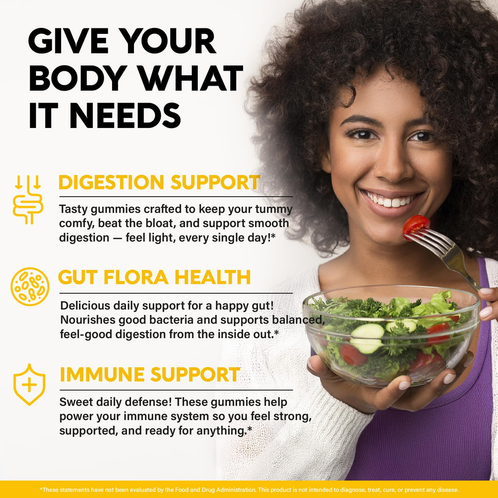 NutraHarmony probiotic gummies illustrating digestive comfort and bloating relief.