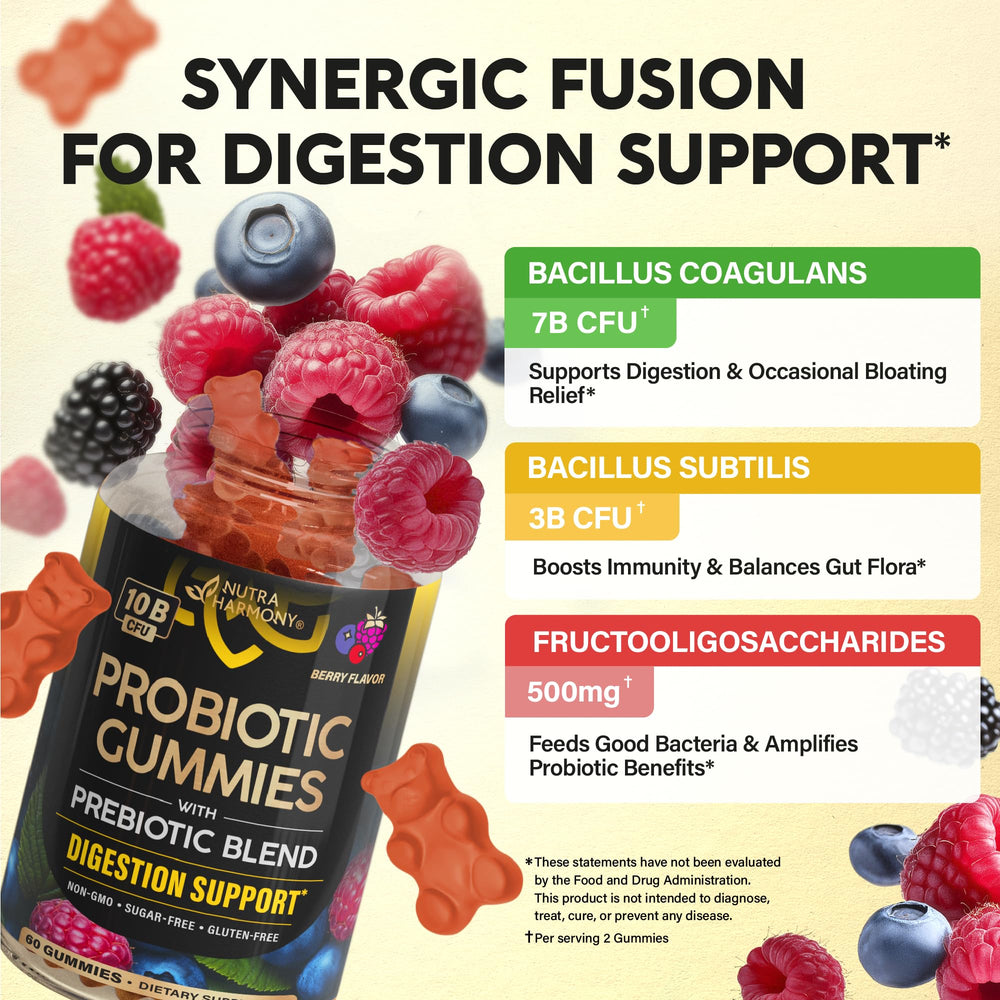 NutraHarmony probiotic gummies featuring prebiotics and FOS for gut nourishment.