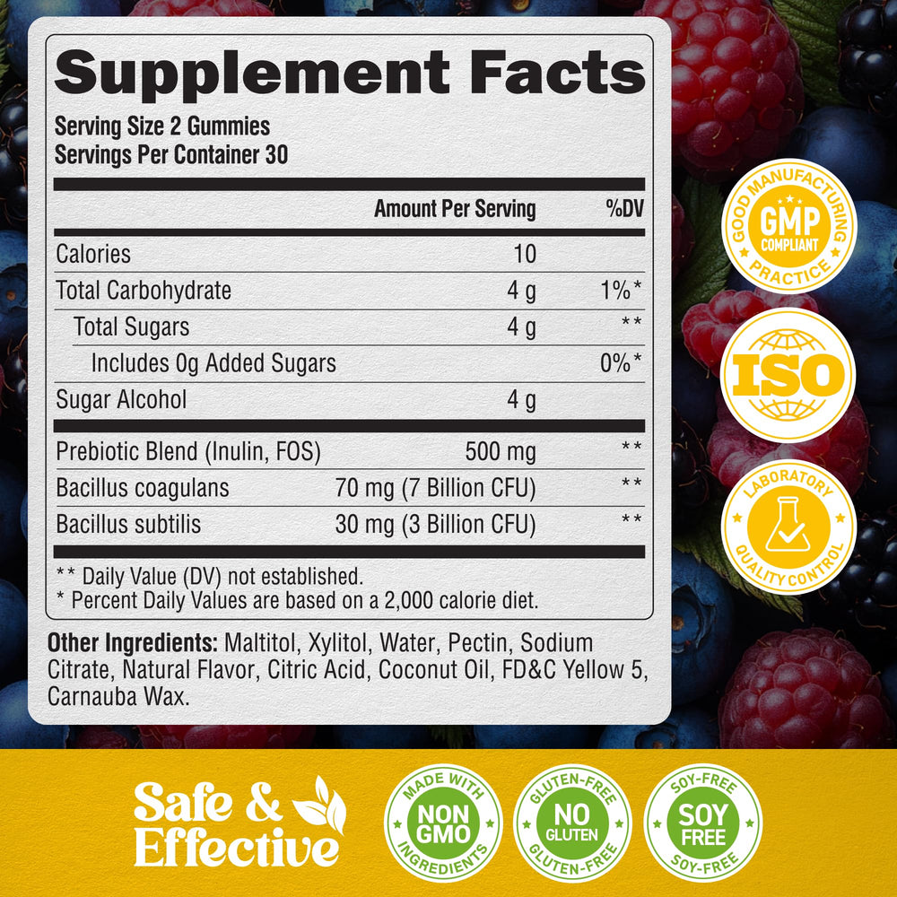 NutraHarmony probiotic gummies highlighting vegan and sugar-free formulation.