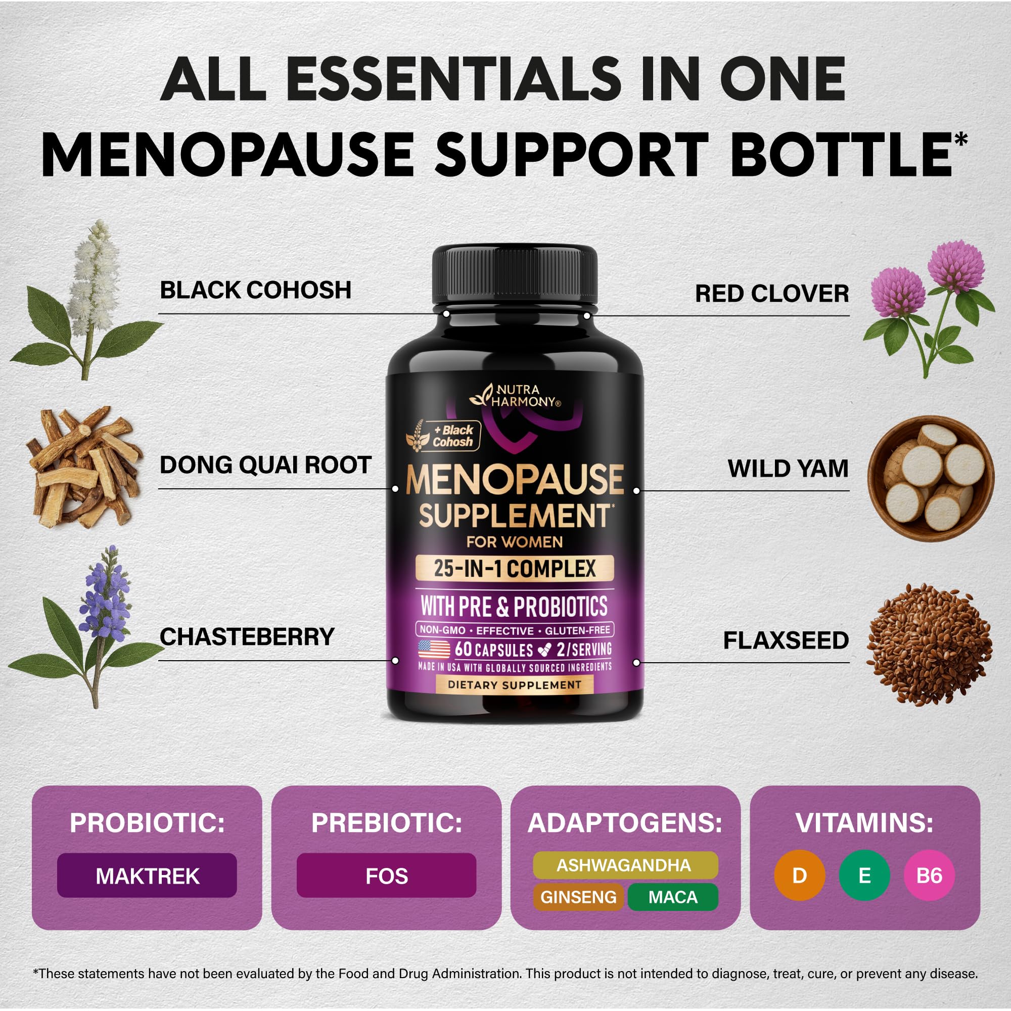 NutraHarmony probiotics and prebiotics visual: digestive comfort and microbiome support.