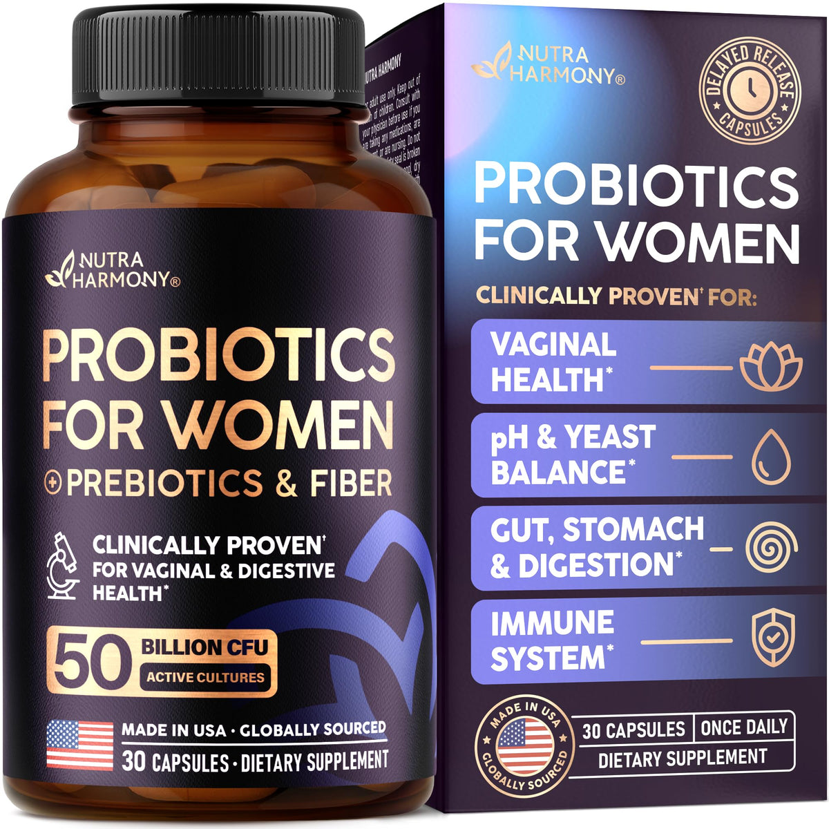 NUTRAHARMONY Probiotics Women 50B CFU bottle supports digestive comfort