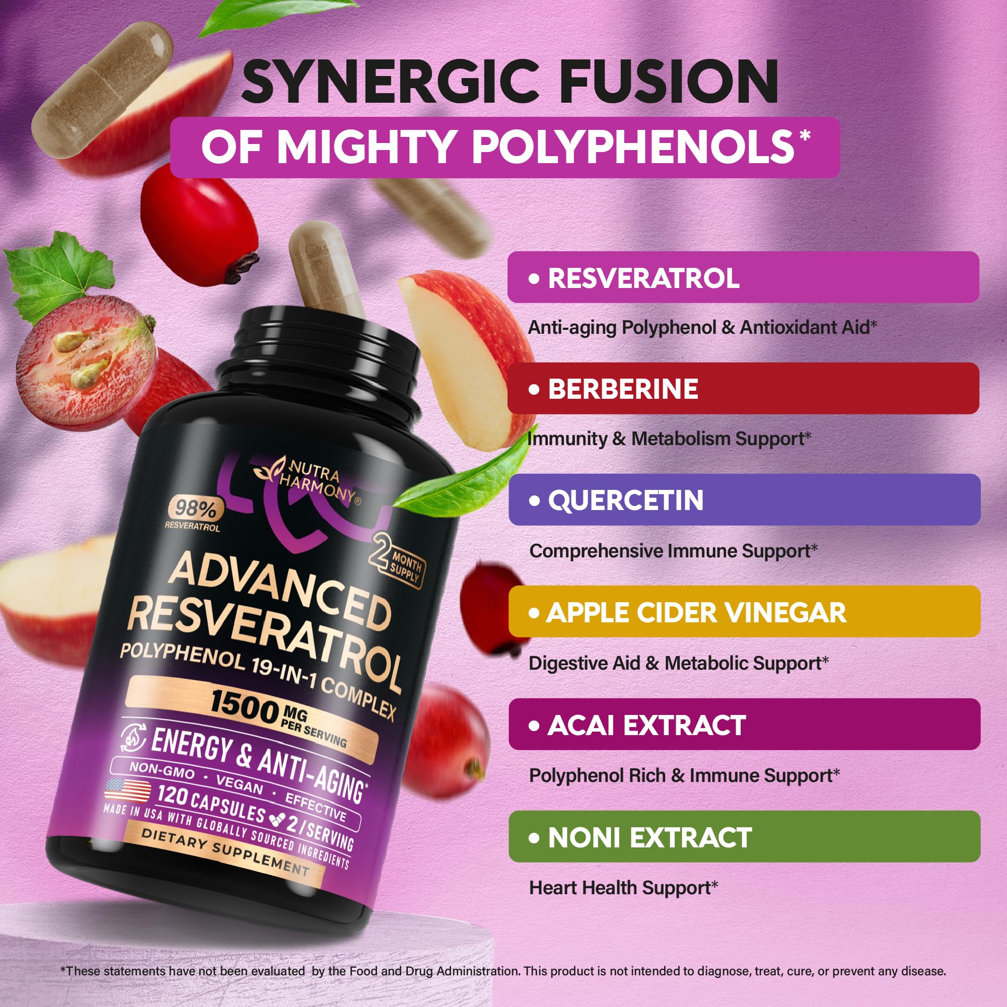 NUTRAHARMONY Resveratrol 19-in-1 bottle pour suggests easy daily use.