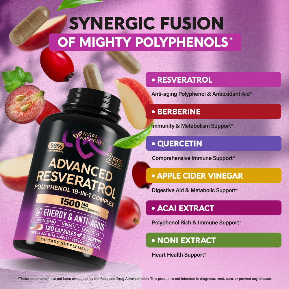 NUTRAHARMONY Resveratrol 19-in-1 bottle pour suggests easy daily use.