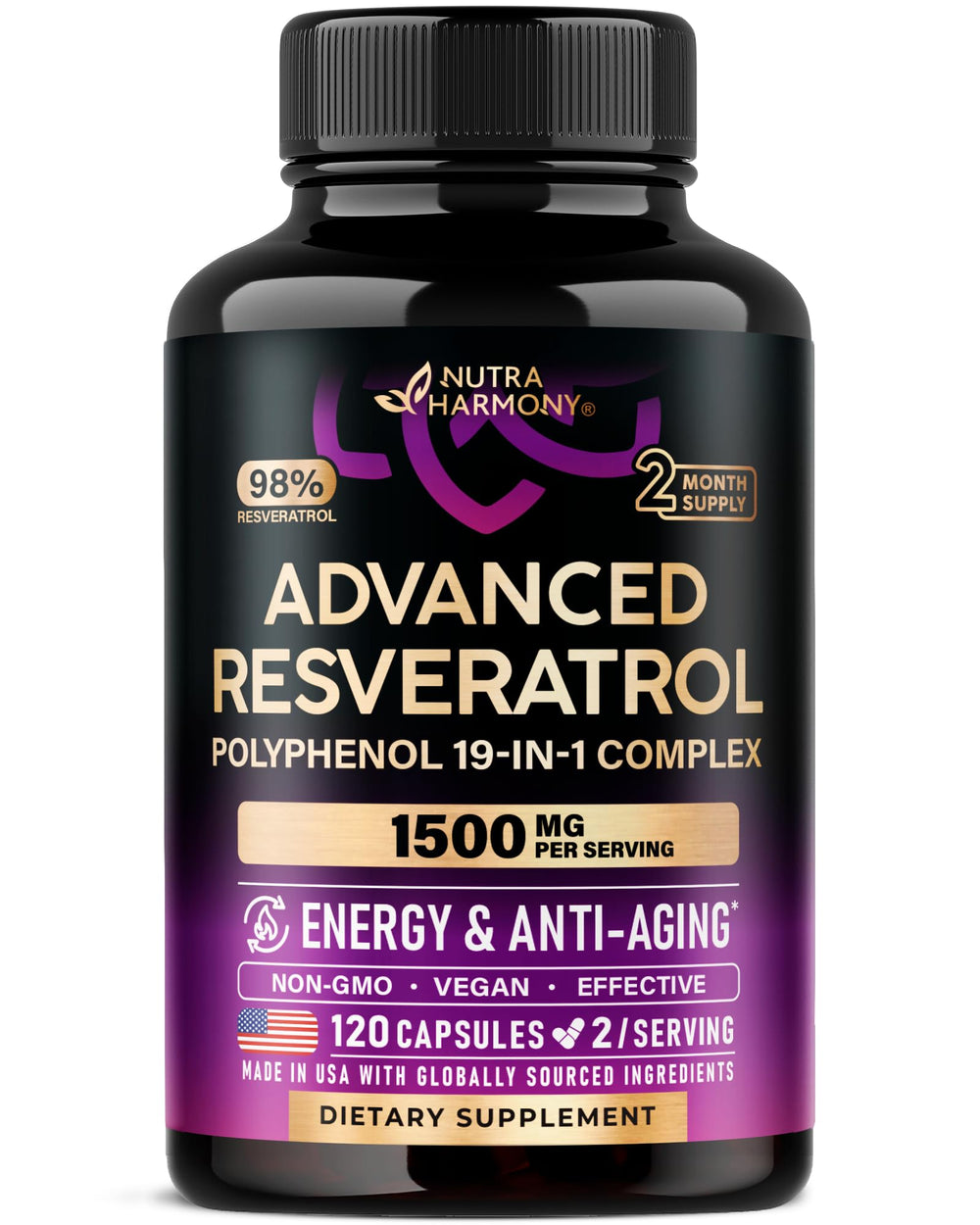 NUTRAHARMONY Resveratrol 19-in-1 bottle for antioxidant support.