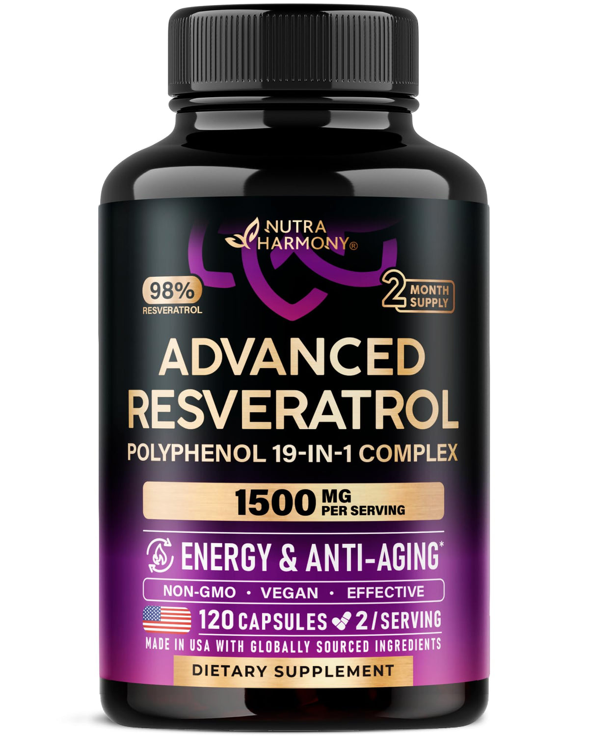 NUTRAHARMONY Resveratrol 19-in-1 bottle for antioxidant support.