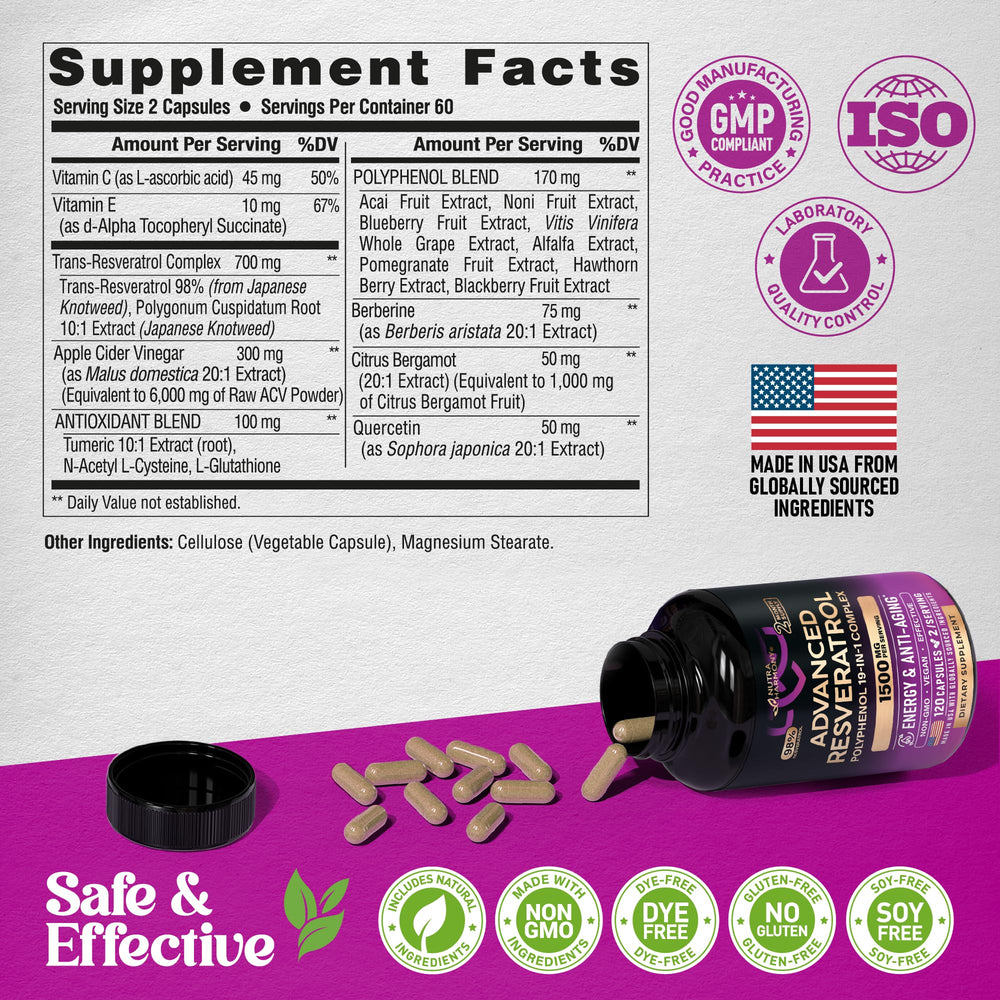 NUTRAHARMONY Resveratrol 19-in-1 tablets resting on glass shows purity.