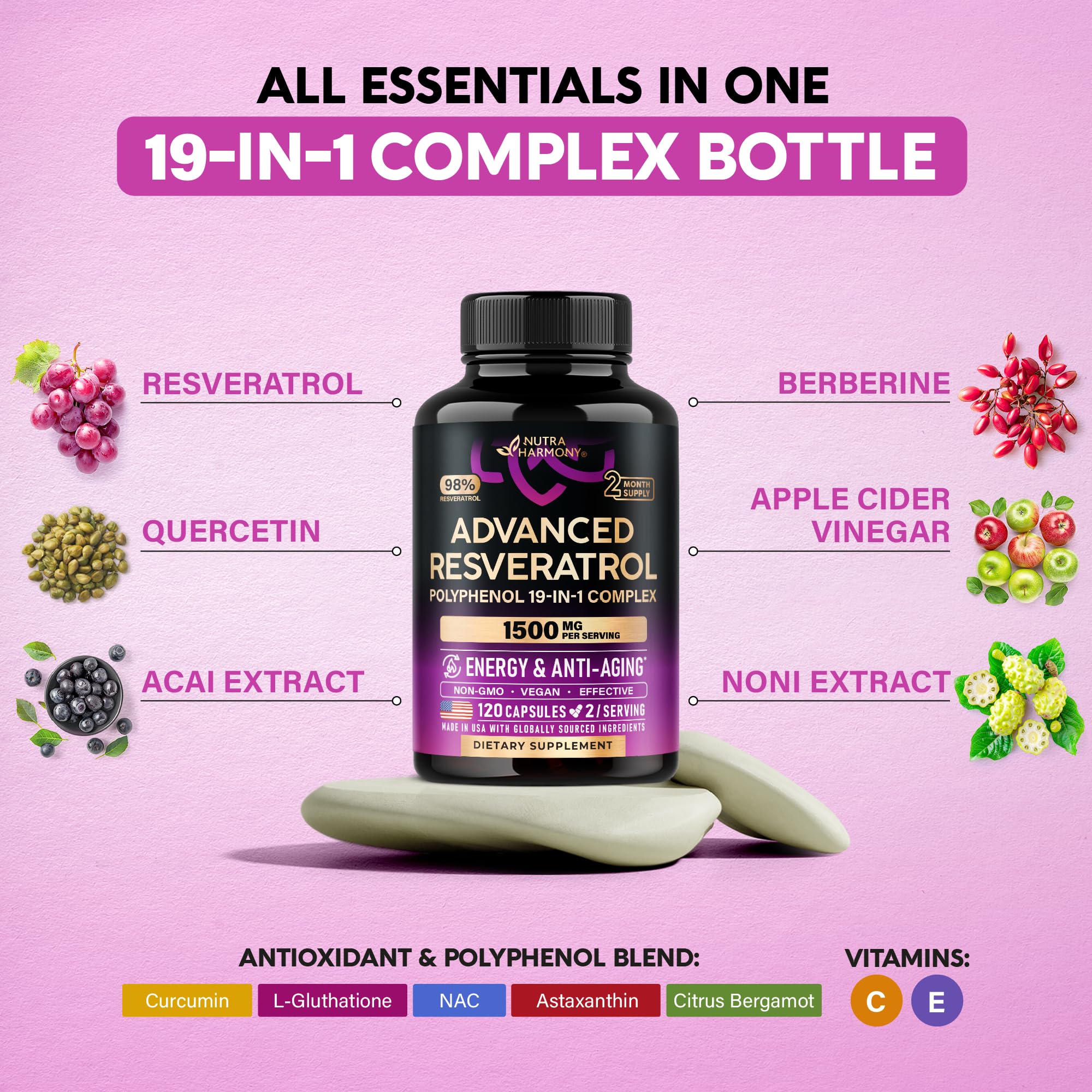 NUTRAHARMONY Resveratrol 19-in-1 USA-made label signals quality control.
