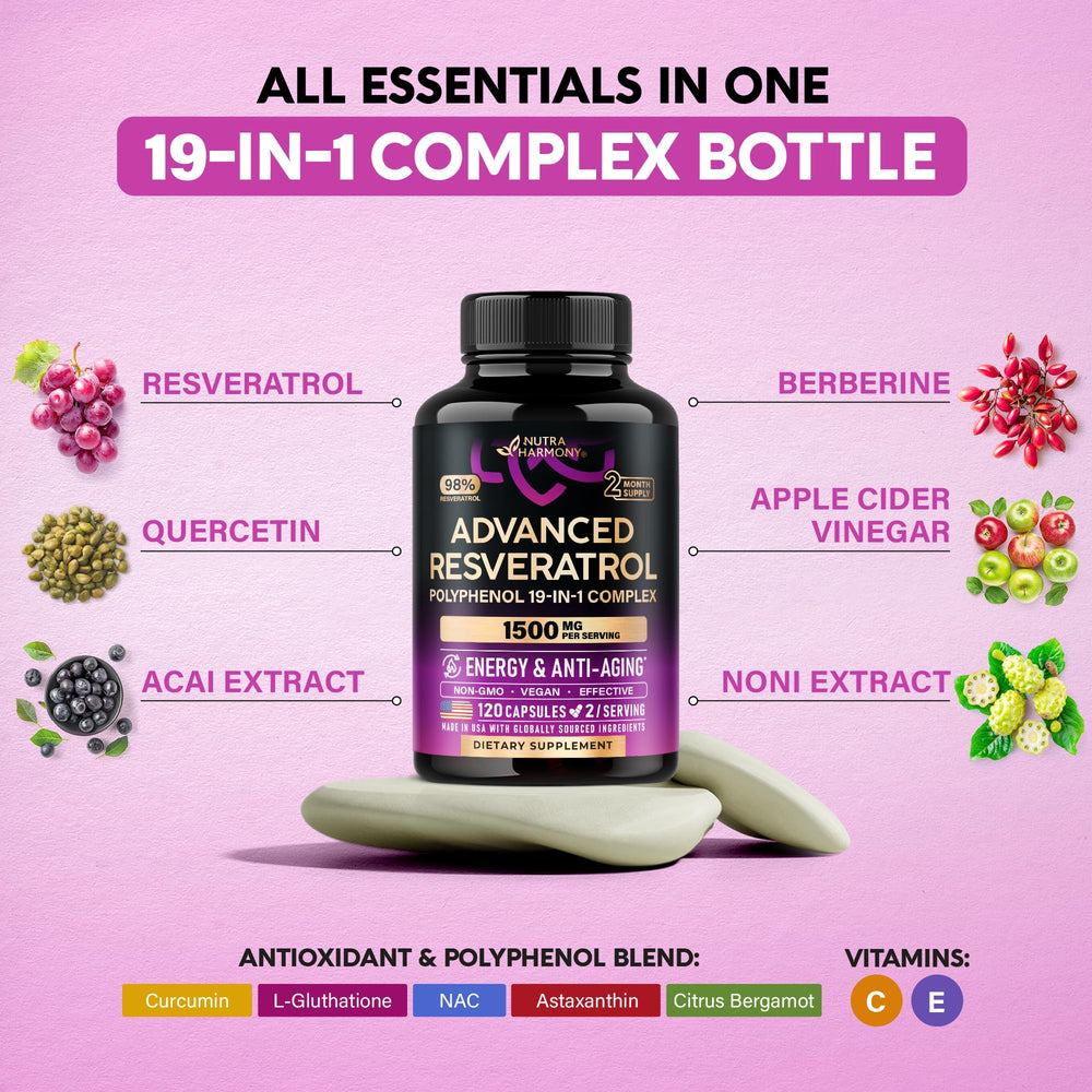 NUTRAHARMONY Resveratrol 19-in-1 USA-made label signals quality control.